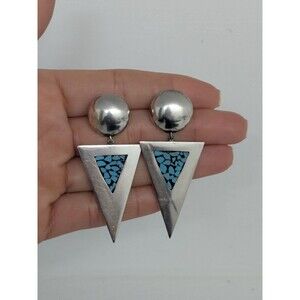 Vintage Sterling Silver Channel Inlay Turquoise Arrowhead Navajo Drop Earrings